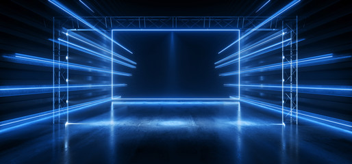 Neon Sci Fi Futuristic Cyber Glowing Lights Blue Rectangle Pantone Reflective Tunnel Hallway Dance Catwalk Alien Spaceship Lasers Stage Dark 3D Rendering