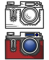 Black silhouette and color icon of a vintage retro camera. Vector illustration on a white background.