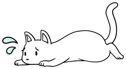 倒れた猫のイラスト_白猫_困り顔
