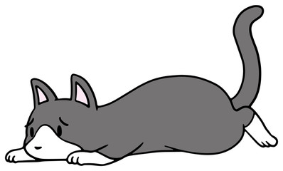 倒れた猫のイラスト_ハチワレ_困り顔