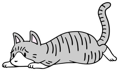 倒れた猫のイラスト_サバトラ_困り顔