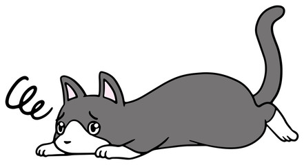 倒れた猫のイラスト_ハチワレ_困り顔