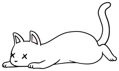 倒れた猫のイラスト_白猫_弱り顔