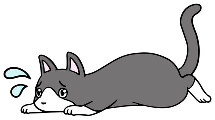 倒れた猫のイラスト_ハチワレ_困り顔