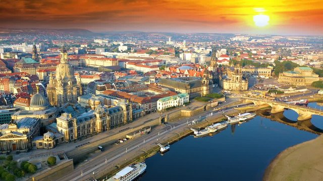 Dresden skyline aerial view at sunset view from sky old town and lake germany city dresden saxony.