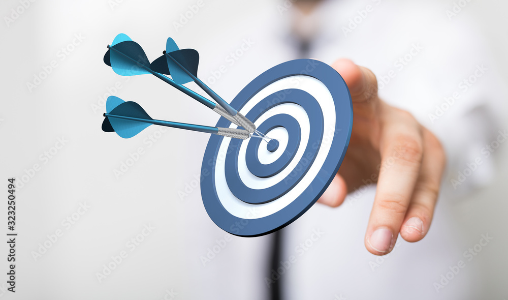 Poster  makes a dart throw on the target. The concept of persistence in business..