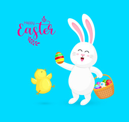 White rabbit with little chicks and Easter egg basket. Cartoon character design. Easter holiday concept. Vector illustration isolated on blue background.