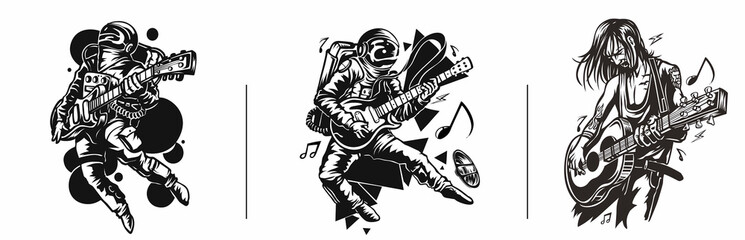 Fototapeta na wymiar Set of T-shirt Design Astronaut in Playing Guitar, Hand Drawn Sketch Grunge illustration.