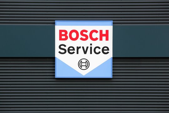 Hinnerup, Denmark - October 28, 2017: Bosch service logo on a wall. Bosch Car Service garages provide vehicle maintenance, repairs and diagnostics for all makes of vehicles in 150 countries