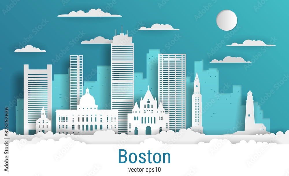 Canvas Prints paper cut style boston city, white color paper, vector stock illustration. cityscape with all famous