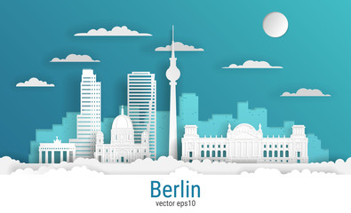 Paper cut style Berlin city, white color paper, vector stock illustration. Cityscape with all famous buildings. Skyline Berlin city composition for design. - obrazy, fototapety, plakaty