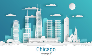 Paper cut style Chicago city, white color paper, vector stock illustration. Cityscape with all famous buildings. Skyline Chicago city composition for design. - obrazy, fototapety, plakaty