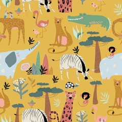 Seamless pattern of wild animals on yellow background
