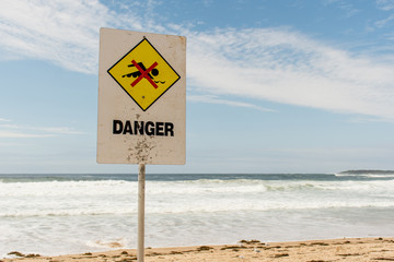 Danger sign for swimmers at the beach in Australia