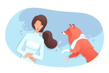 Smiley woman dog master have fun with pet outdoor