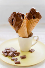 Ice cream on a wooden background. Waffles and chocolate