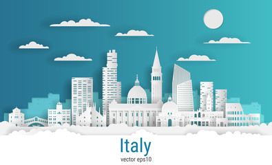 Fototapeta premium Paper cut style Venice Italy, white color paper, vector stock illustration. Cityscape with all famous buildings. Skyline Venice city composition for design.