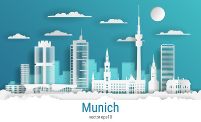 Obraz premium Paper cut style Munich city, white color paper, vector stock illustration. Cityscape with all famous buildings. Skyline Munich city composition for design.