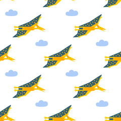 Seamless pattern with flat style icon of Pteranodon. Background with pterosaur for different design. © Trika