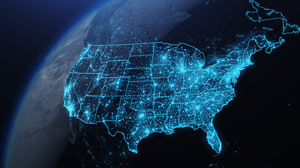3D illustration of USA and North America from space at night with city lights showing human activity in United States - 323254487