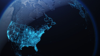 3D illustration of USA and North America from space at night with city lights showing human activity in United States © artegorov3@gmail