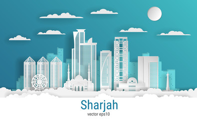 Paper cut style Sharjah city, white color paper, vector stock illustration. Cityscape with all famous buildings. Skyline Sharjah city composition for design.