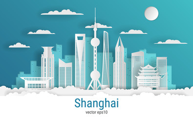Paper cut style Shanghai city, white color paper, vector stock illustration. Cityscape with all famous buildings. Skyline Shanghai city composition for design.