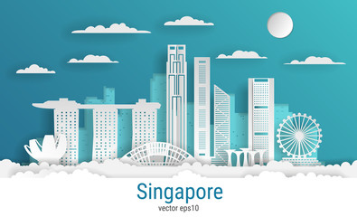 Fototapeta premium Miasto Singapur cięcia papieru styl, biały kolor papieru, ilustracji wektorowych. Pejzaż miejski ze wszystkimi słynnymi budynkami. Skyline Singapur skład miasta do projektowania.