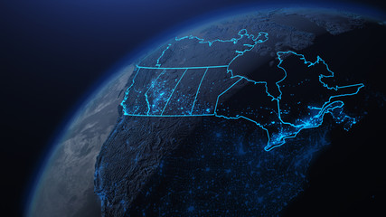 3D illustration of Canada and North America from space at night with city lights showing human activity in United States
