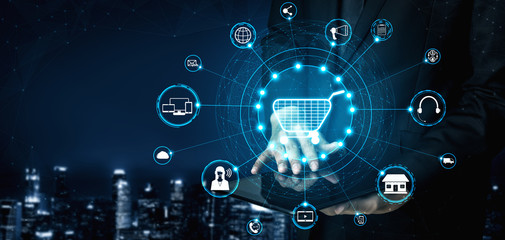 Omni channel technology of online retail business. Multichannel marketing on social media network platform offer service of internet payment channel, online retail shopping and omni digital app.