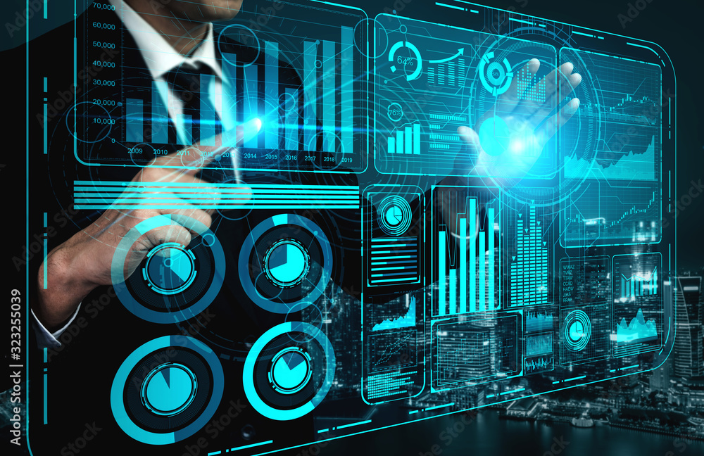 Poster big data technology for business finance analytic concept. modern graphic interface shows massive in