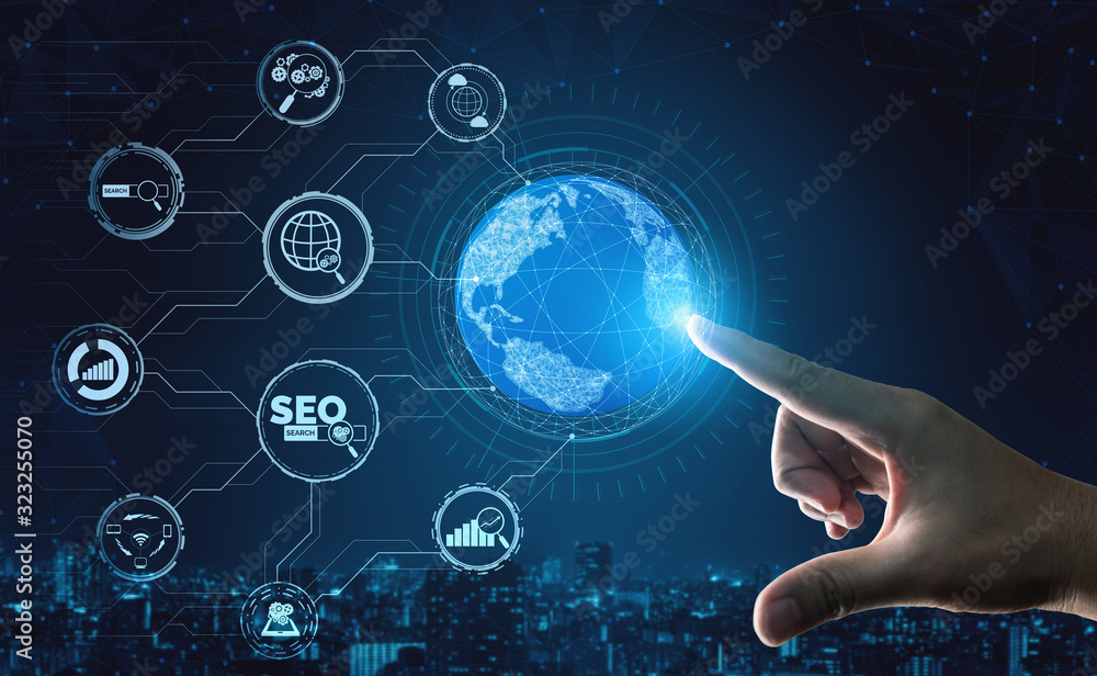 Poster seo - search engine optimization for online marketing concept. modern graphic interface showing symb