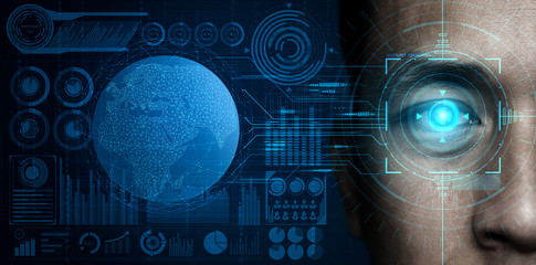 Future cyber security data protection by biometrics scanning with human eye to unlock and give access to private digital data. Futuristic technology innovation concept.