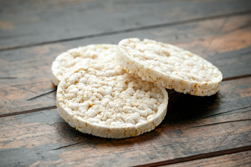 Rice crackers on wooden table. healthy food