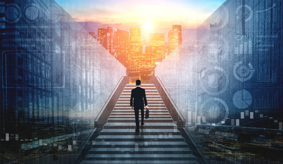 Ambitious business man climbing stairs to meet incoming challenge and business opportunity. The high stair represents the concept of career path success, future planning and business competitions.