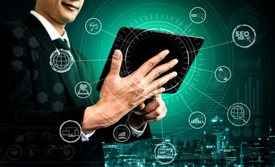 SEO - Search Engine Optimization for Online Marketing Concept. Modern graphic interface showing...