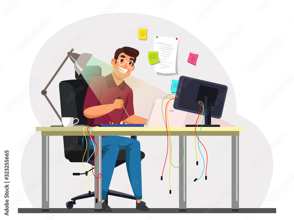 Wall mural young programmer trying to fix broken computer