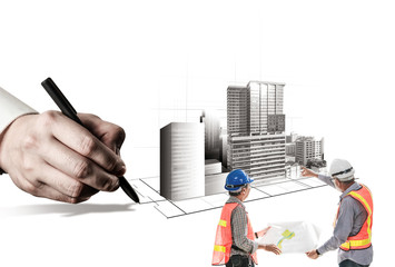 City civil planning and real estate development - Architect people looking at abstract city sketch drawing to design creative future city building. Architecture dream and ambition concept.
