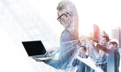 Future building construction engineering project concept with double exposure graphic design. Building engineer, architect people or construction worker working with modern civil equipment technology.
