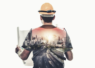 Future building construction engineering project concept with double exposure graphic design....