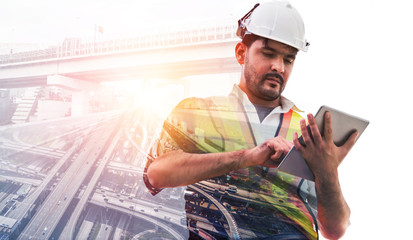 Future building construction engineering project concept with double exposure graphic design....