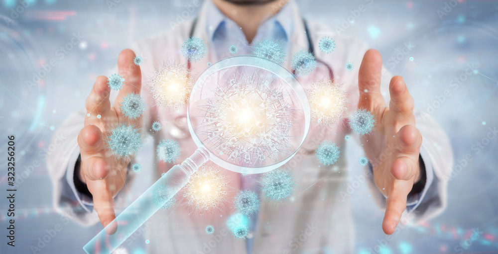 Poster doctor analyzing holographic cell projection through magnifying glass 3d rendering