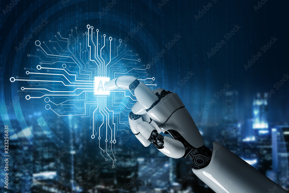Poster 3d rendering futuristic robot technology development, artificial intelligence ai, and machine learni