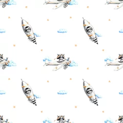 Wallpaper murals Animals in transport Watercolor pattern with raccoons and transport for baby