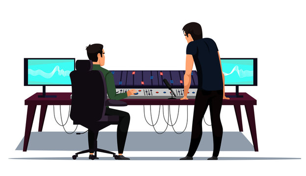 Sound Music Recording And Creation Studio At Work. Record Producer Audio Engineer Workplace. Different Equipment For Capturing, Mixing, Mastering Song Isolated On White. Vector Illustration.