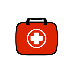 First aid kit for travel purposes symbol. Red bag with a medical cross and handle.