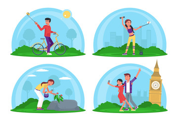 People taking selfie photo cartoon scenes set