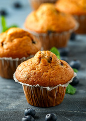 Blueberries muffins, cupcake with mint and berry