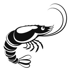 Black and white silhouette of a shrimp on a white. Logo, icon
