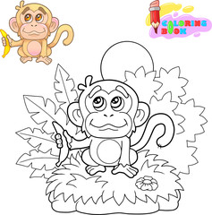 cartoon, cute, little monkey with a banana in his hand, funny illustration